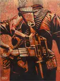 Duality of Humanity 3 by Shepard Fairey, 2008, silkscreen and paper collage on canvas, sold Jun 2024