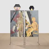 Steven Claydon, Six Figure Diptych (Courtesy Of The Neighborhood Watch), 2006, acrylic, fabric and paper collage on canvas in metal standing frames, diptych