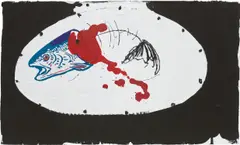 Platter with trout #39 by Calvin Marcus, 2015, liquid watercolour, water soluble wax, vinyl paint, oil crayon and gesso on printed cardboard, sold Jun 2024