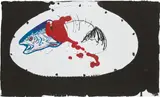 Calvin Marcus, Platter with trout #39, 2015, liquid watercolour, water soluble wax, vinyl paint, oil crayon and gesso on printed cardboard
