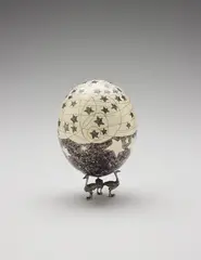 Aleksandra Mir, Fabergé Egg, 2005, fiber-tipped pen on ostrich egg shell with metal stand