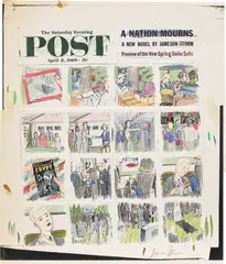 Jim Shaw, Study for 'Post', 1988, coloured pencil and acrylic on Xerox, on 2 sheets of paper with masking tape