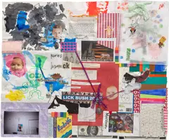 Justin Lieberman, Untitled (baby heads, lick bush), 2006, ink and acrylic on paper, cardboard, textile, plastic and metal collage