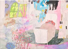 Tomoko Nagai, Sleeping Bear, 2009, watercolour, pencil, coloured pencil, ink, sticker, plastic charm and glitter on paper mounted on panel
