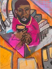 Jonathan Lyndon Chase, Peeing in subway around 10 pm, 2019, acrylic, oilstick, marker, graphite, glitter and spray paint on canvas