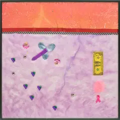 Bobby Pin Box by Alex Da Corte, 2014, tape, ribbon, flowers, fur, velvet, weave, grape buttons, Breast Cancer awareness pin, hand-dyed US one dollar bill, seq, sold Nov 2024
