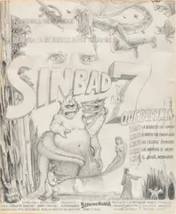Jim Shaw, Study for 'Sinbad and the Seven Sleepers', 1991, pencil on paper