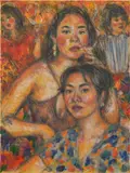 Caroline Wong, Party Scene, 2024, oil pastel, oil and acrylic on canvas