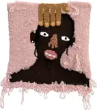 Anya Paintsil, You're My Brother, You're My Keeper, I Need You To Keep An Eye On Me, 2023, acrylic, wool, mohair, nylon, cotton, synthetic hair, human hair, plastic, tin foil, and earrings on hessian