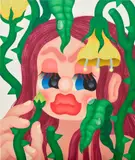 Fátima de Juan, Flower Fortress, 2023, acrylic and spray paint on canvas, in artist's frame