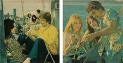 John Currin, Two Works: (i) The Jackass (Guy on a Dock with Boats) ; (ii) The Jackass (Guy Fishing with Two Babes), 1997, gouache on magazine paper