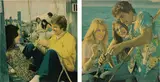 John Currin, Two Works: (i) The Jackass (Guy on a Dock with Boats) ; (ii) The Jackass (Guy Fishing with Two Babes), 1997, gouache on magazine paper