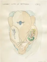 Wim Delvoye, CHICKEN WITH 3 TATTOOS (3), 1996, pen and watercolour on paper