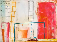 An Artist factory with red office by Edgar Plans, 2005, oil, acrylic and pastel on canvas, sold Sep 2024