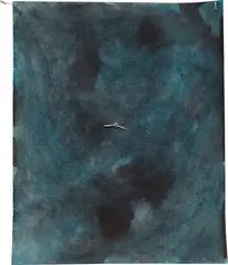Valentin Carron, Pendulum Cold, 2010, watercolour on paper, clock, safety pin, L-shaped hanging screw, artist's painted wooden box