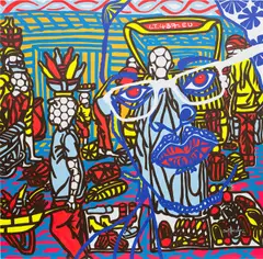 Boris Nzebo, Les Marchands Ambulants, 2019, acrylic and Posca marker on canvas