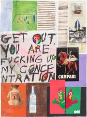 Justin Lieberman, Page Layout for the National Review, 2006, acrylic, oil, charcoal, paper collage and plastic clip on paper
