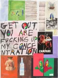 Justin Lieberman, Page Layout for the National Review, 2006, acrylic, oil, charcoal, paper collage and plastic clip on paper