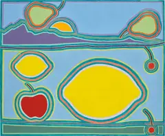 Holly Coulis, Fruit Salad and Lake, 2019, oil on linen