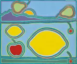 Holly Coulis, Fruit Salad and Lake, 2019, oil on linen