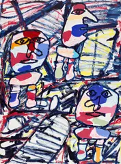 Jean Dubuffet, Site aléatoire avec 3 personnages, acrylic and paper collage on paper laid on canvas
