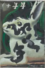 Unusual rabbit with country code by Issy Wood, 2020, oil on linen, sold Mar 2023
