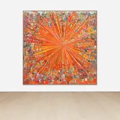 Tal R, Adieu Interessant (orange), 2005-2008, gold leaf, glitter, oil, paper, cardboard and fabric collage on canvas