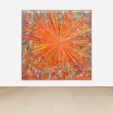 Tal R, Adieu Interessant (orange), 2005-2008, gold leaf, glitter, oil, paper, cardboard and fabric collage on canvas