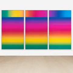 Cory Arcangel, Photoshop CS: 84 by 144 inches, 300 DPI, RGB, square pixels, default gradient “Spectrum”, mousedown y=1200 x=20800, mouseup y=24020 x=20800; tool "Wand", select y=2600 x=20000, tolerance=72, contiguous= off; default gradient "Spectrum", mousedown y=2480 x=41600, mouseup y=2480 x=1200, 2015, c-print Diasec mounted, in artist's frame, in 3 parts