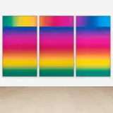 Cory Arcangel, Photoshop CS: 84 by 144 inches, 300 DPI, RGB, square pixels, default gradient “Spectrum”, mousedown y=1200 x=20800, mouseup y=24020 x=20800; tool "Wand", select y=2600 x=20000, tolerance=72, contiguous= off; default gradient "Spectrum", mousedown y=2480 x=41600, mouseup y=2480 x=1200