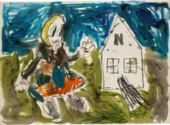 Untitled (mit N-Haus) by André Butzer, 2005, oil on canvas, sold Mar 2023
