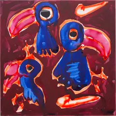 Tres Parajos by Katherine Bernhardt, 2018, acrylic and spray paint on canvas, sold Mar 2023