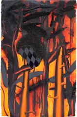 Jeff Sonhouse, Incognito, 2012, oil, spray paint, wood chips, paper collage and matches on paper