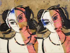 Manolo Valdés, La doble imagen (Odalisca), 2010, oil, thread, staples and burlap collage on burlap