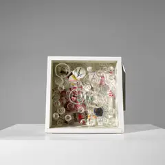 Mary Bauermeister, B=220 RE-VOLTAGE, 1971, electrical components, painted wood, nails, glass, optical lenses, stones, pencils, ink and paint