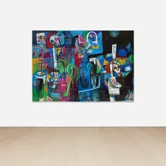 Yannick Ackah, Untitled, 2022, acrylic, crayon, newspaper, paper and fabric collage on canvas