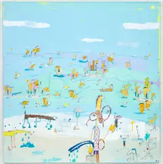 Un día en la playa by Rafa Macarrón, 2017, acrylic, ink, crayon, paper and plastic collage on linen, in artist’s acrylic box, sold Jul 2023