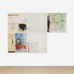 Oscar Murillo, Movement and rhythm between one place and another #8, 2013, oil, oilstick, spray paint, concrete dye, tape, plastic, paper, graphite, dirt and thread on linen and synthetic canvas, in 5 parts​