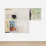 Oscar Murillo, Movement and rhythm between one place and another #8, 2013, oil, oilstick, spray paint, concrete dye, tape, plastic, paper, graphite, dirt and thread on linen and synthetic canvas, in 5 parts​