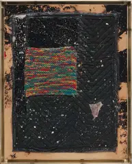 Sterling Ruby, BC (4013), 2012, fabric collage, paint, glue and bleached canvas mounted on panel, in artist's frame