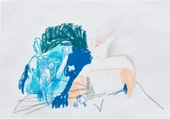 Jadé Fadojutimi, The Electric Blue, 2020, oilstick, crayon, pen, marker, graphite, felt tip pen and chalk pastel on paper