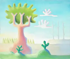 Large Tree and Distant Forest by Daisy Dodd-Noble, 2021, oil on canvas, sold Jul 2023
