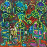 Aboudia, Untitled, 2018, acrylic, oil pastel and printed paper collage on canvas