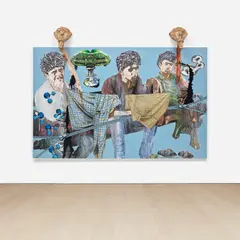 Jitish Kallat, Untitled (Stations of a Pause), 2010, acrylic and graphite on canvas with two bronze sculptures