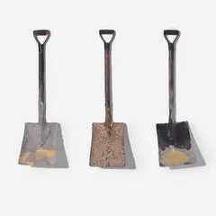 Vibha Galhotra, + & - (from the series Utopia of Difference), 2012, mud, concrete and gold foil on shovel, in 3 parts