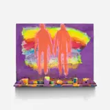 Shelf Men with Rainbow by Katherine Bradford, 2018, acrylic on canvas with canvas collage and wood, sold Jul 2023