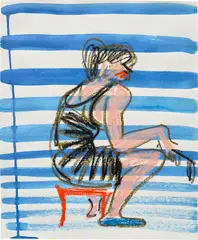 Painter, Blue Stripes by Ella Kruglyanskaya, 2018, water-based paint and oil pastel on paper, sold Jul 2023