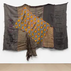 Ibrahim Mahama, LV RAFIA, 2016, acrylic, wax print cloth collage and thread on jute sacks with markings