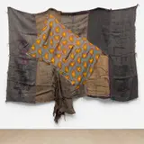 Ibrahim Mahama, LV RAFIA, 2016, acrylic, wax print cloth collage and thread on jute sacks with markings