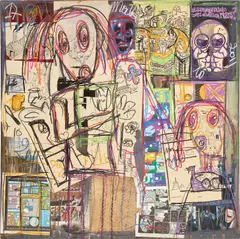 Aboudia, Untitled, 2011, acrylic, oil pastel and printed paper collage on canvas